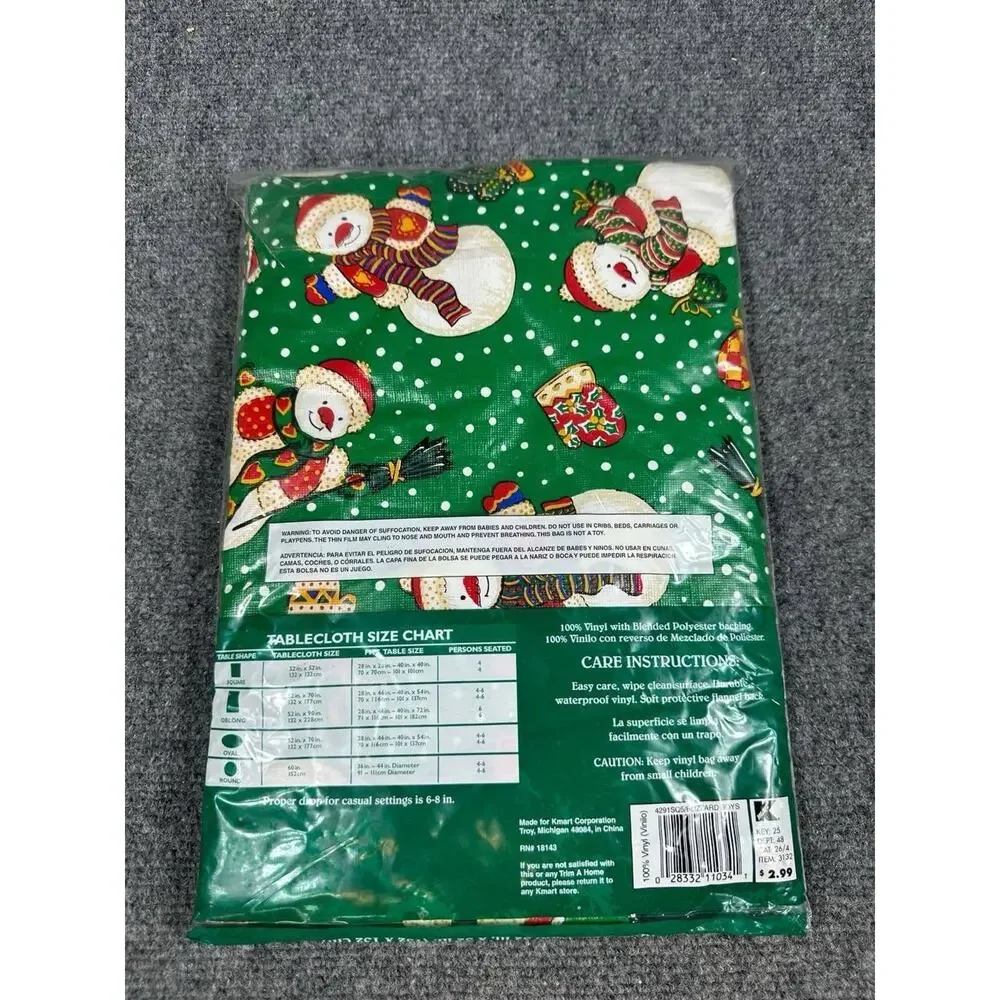 VTG Christmas Trim A Home Vinyl Tablecover Oblong Flannel Back Kmart NEW Snowman